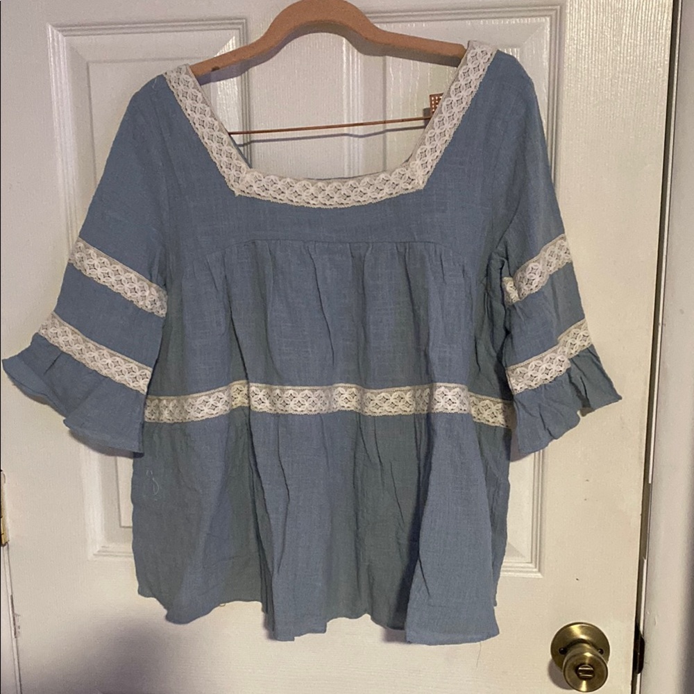 Boho Blue Blouse with Lace Accents